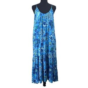 Voloshin Blue Floral 100% Silk Maxi Dress XS Tiered Boho Spaghetti Strap Coastal